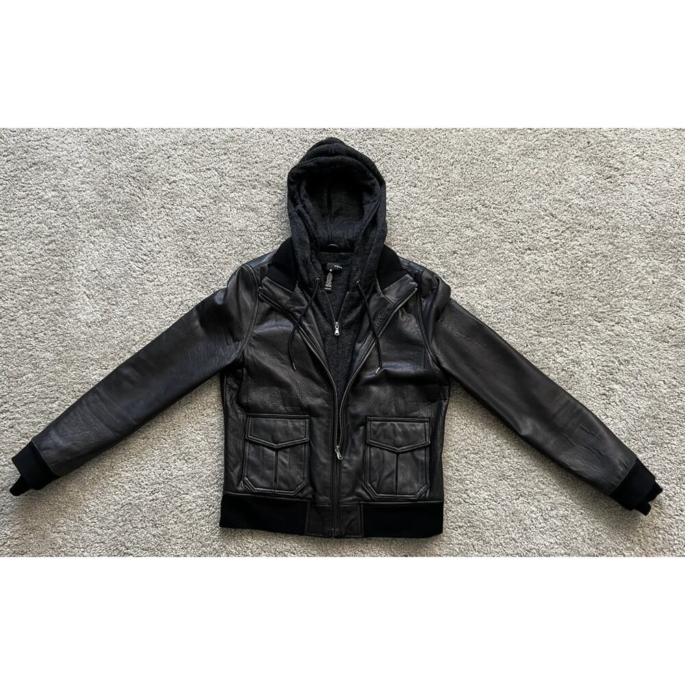 AQUA Black Leather Bomber Jacket Wool Blend Sweater Lined W Hoodie Women’s Small